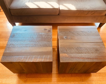 Square wood coffee table or end tables with casters: Dark wood stain