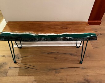 Live Edge Wooden Bench with Ocean Motif Epoxy