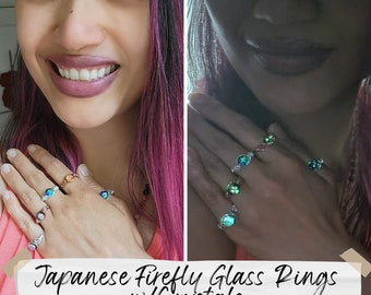Firefly Glass Ring, Reiki Infused, Okinawa, Japan, Made in Japan, Glows in the Dark, Rose Quartz, Aquamarine, Labradorite, Garnet, Amethyst