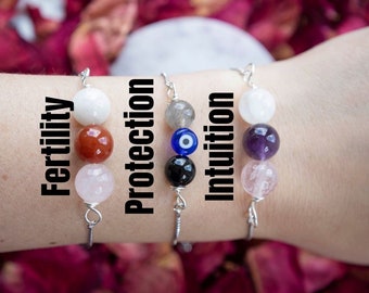 Healing Stone Bracelet, Reiki Infused, Protection, Fertility, Increase Intuition, Crystal, Amethyst, Moonstone, Rose Quartz, Empath, Witch