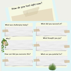 Op de afbeelding: Een printbaar werkblad met een lichtblauwe achtergrond en gele tekstvakken. Het werkblad heeft de titel "Hoe voel je je nu?" en bevat prompts zoals "Wat was er vandaag uitdagend?", "Waar ben je in geslaagd?", "Wat heeft je vreugde gebracht?" en "Waar ben je dankbaar voor?"