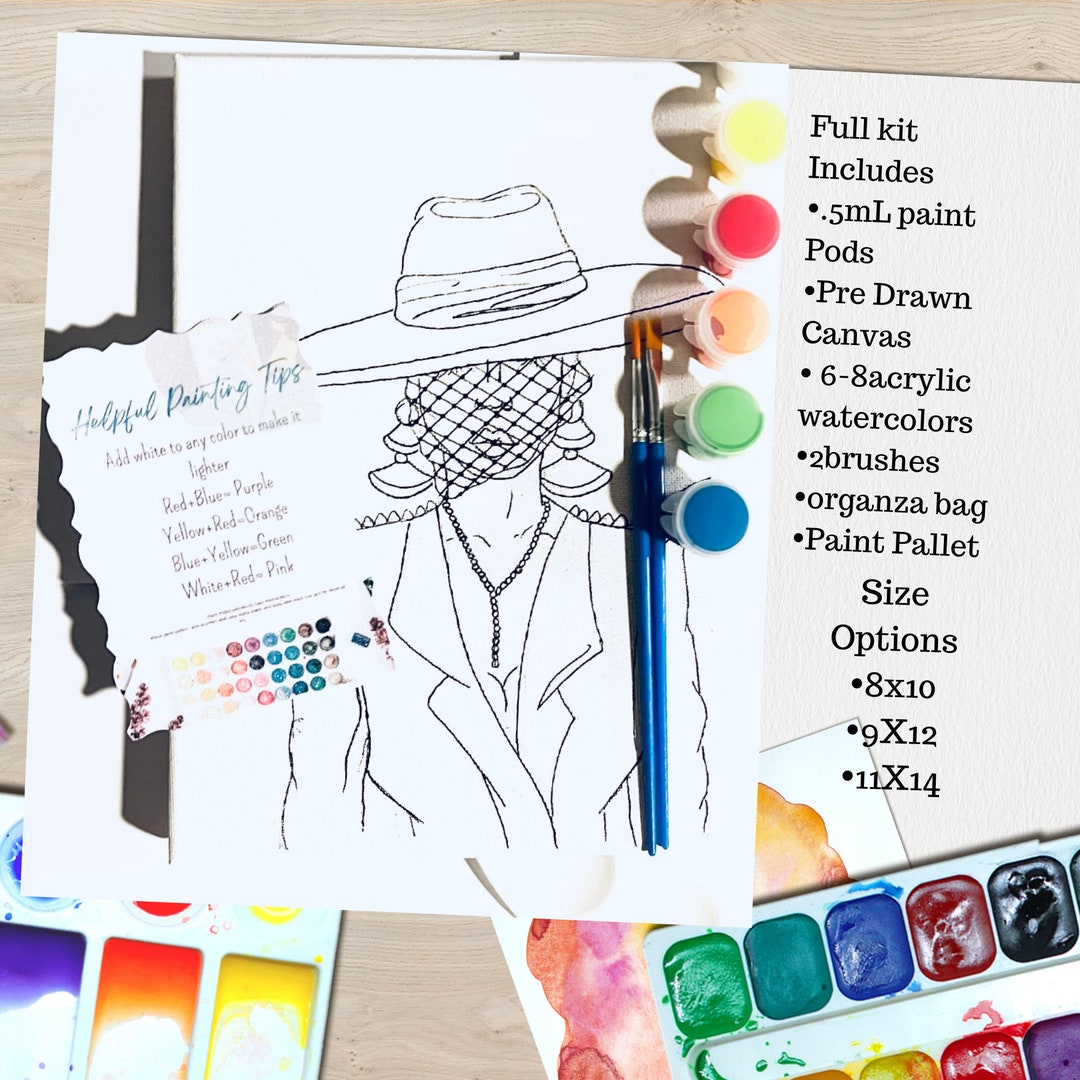 Girls Paint Night Kit, DIY Painting Kit, Predrawn Canvas, Predrawn