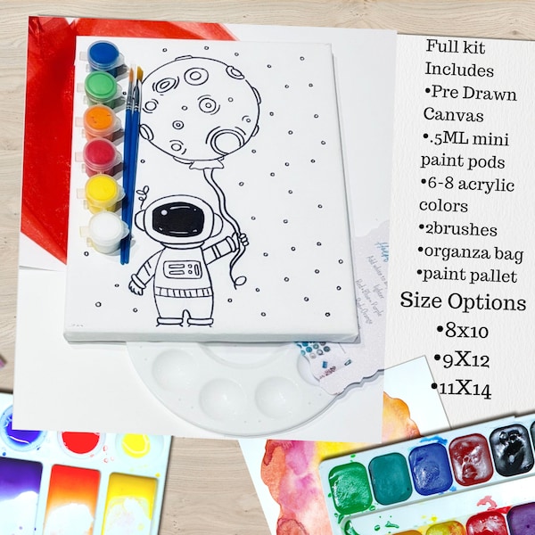 Ready To Paint Canvas, Outer space Astronaut Painting Kit, Canvas For DIY Paint Night , Outerspacs Birthday Party, Outerspace Party Favors