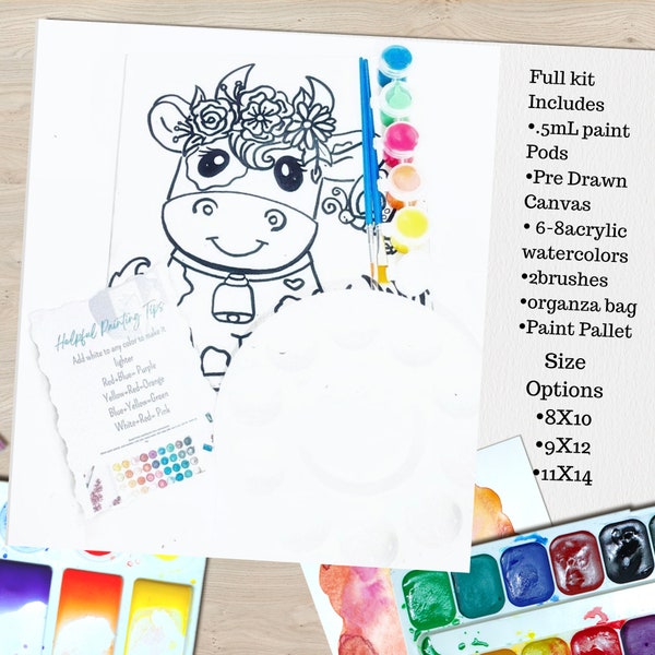 Ready To Paint 8X10 Pre drawn Farm Animal Cow Canvas Painting Kit Craft Kit For kids DIY Paint Night Birthday Party