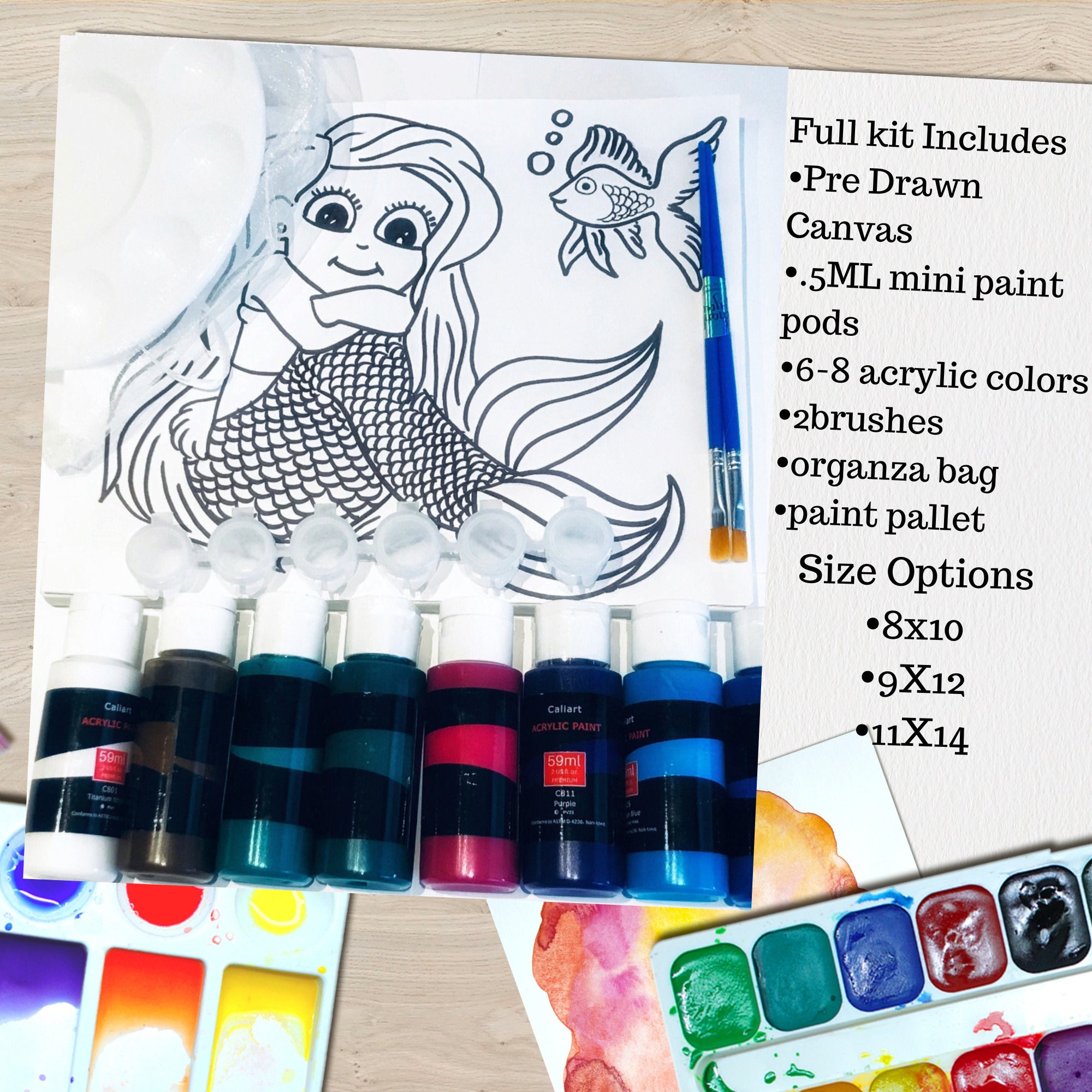 Mermaid Predrawn Canvas Outlined Sketch Paint Kit DIY Girl 