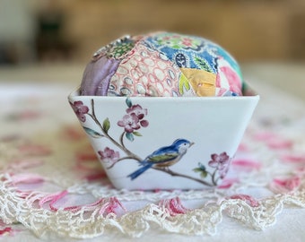 Embellished Quilted Pin Cushion in Porcelain “Feathered Friends” Square Bowl, Repuposed Feedsack Quilt, Vintage Sewing, Bird Lovers