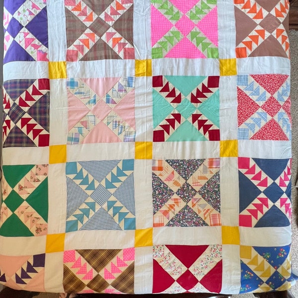 Vintage Wild Goose Chase Quilt Top, Color Fabrics and Patterns, Hand Pieced, 70” x 86”, Farmhouse Decor