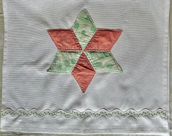 Farmhouse Tea Towel with Vintage Star Quilt Block and Large White Ric Rac Trim with Green Embroidered Border, 30” x 17”