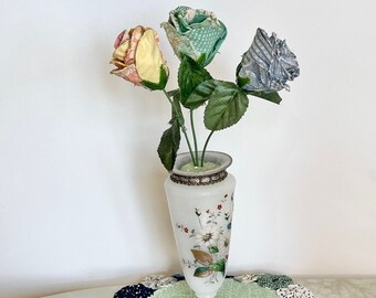 Vintage Fabric Yo Yo Roses in Hand Painted Frosted Glass Vase, Repurposed Yo Yo Quilt, Mothers Day Gift, Fresh Flowers Alternative