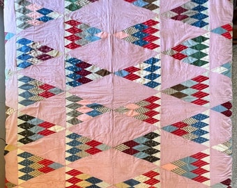 Antique Sugar Loaf Quilt Top From Early 1900s, Hand Pieced, Rich Colors, Turn of the Century Fabrics, 85" x 75", Vintage Textiles