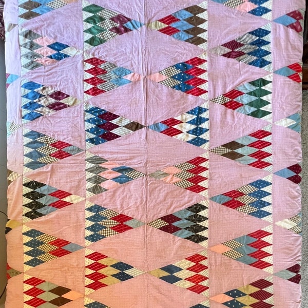 Antique Sugar Loaf Quilt Top From Early 1900s, Hand Pieced, Rich Colors, Turn of the Century Fabrics, 85" x 75", Vintage Textiles