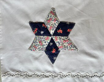 Farmhouse Tea Towel with Navy and White Floral Vintage Star Quilt Block and Large White Ric Rac with Embroidered Border, 30” x 17”