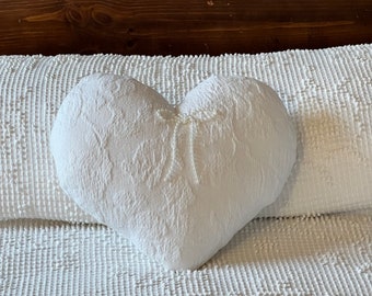 White Heart-Shape Pillow Made From Repurposed Mid-Century White Woven Cotton Bedspread, Faux Pearl Strand Bow, Valentines Day Decor