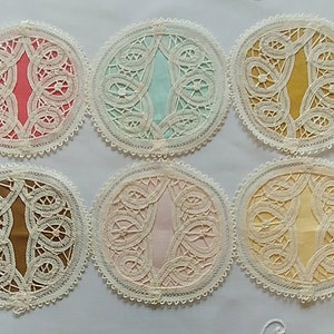 Set of Six Assorted Colors Linen and Battenburg Lace Round 4" Vintage Miniature Doilies/Coasters, Never Used