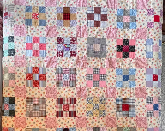 Vintage Nine Patch Quilt Top, Vintage Fabrics, Machine Pieced