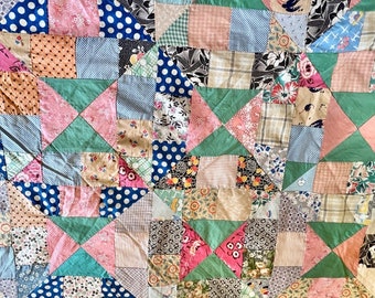 Vintage Boken Dishes Variation Quilt Top, Hand Pieced, Bright Colors and Beautiful Fabrics, Farmhouse Decor, 81” x 67”