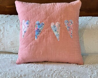 Pink Quilted Pillow w/ Appliqued Primitive Heart Garland Made Grandmothers Flower Garden Feedsack Quilt, 14” x 14”, Valentine's Day Decor