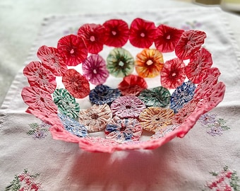 Colorful Fabric Bowl Created From Repurposed Vintage 1930s/40s Fabric Yo Yos, Unique Decorative Bowl, Table Decor, Vintage Decor