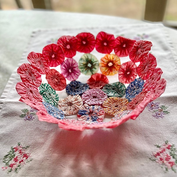 Colorful Fabric Bowl Created From Repurposed Vintage 1930s/40s Fabric Yo Yos, Unique Decorative Bowl, Table Decor, Vintage Decor