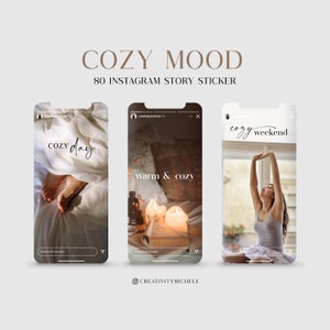 May include: Three Instagram story templates with a cozy theme. The first template features a pair of feet under a white blanket with the text "cozy day". The second template features candles and a book with the text "warm & cozy". The third template features a woman stretching with the text "cozy weekend".