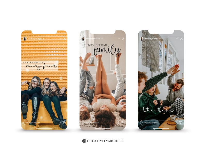 K&ouml;nnte beinhalten: Drei Instagram-Story-Vorlagen mit unterschiedlichen Hintergr&uuml;nden und Text&uuml;berlagerungen. Die erste Vorlage hat einen gelben Hintergrund mit dem Text "Lieblings Menschen" in Schwarz. Die zweite Vorlage hat einen wei&szlig;en Hintergrund mit dem Text "Friends become family" in Schwarz. Die dritte Vorlage hat einen grauen Hintergrund mit dem Text "the best" in Schwarz.