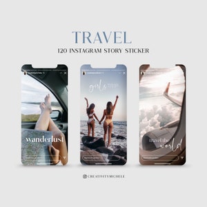 Può includere: Tre modelli di storie Instagram a tema viaggio. Il primo modello presenta le gambe di una donna con una mappa che dice "wanderlust". Il secondo modello presenta due donne in costume da bagno su una spiaggia con il testo "girls trip". Il terzo modello presenta una vista dal finestrino di un aereo con il testo "travel the world".