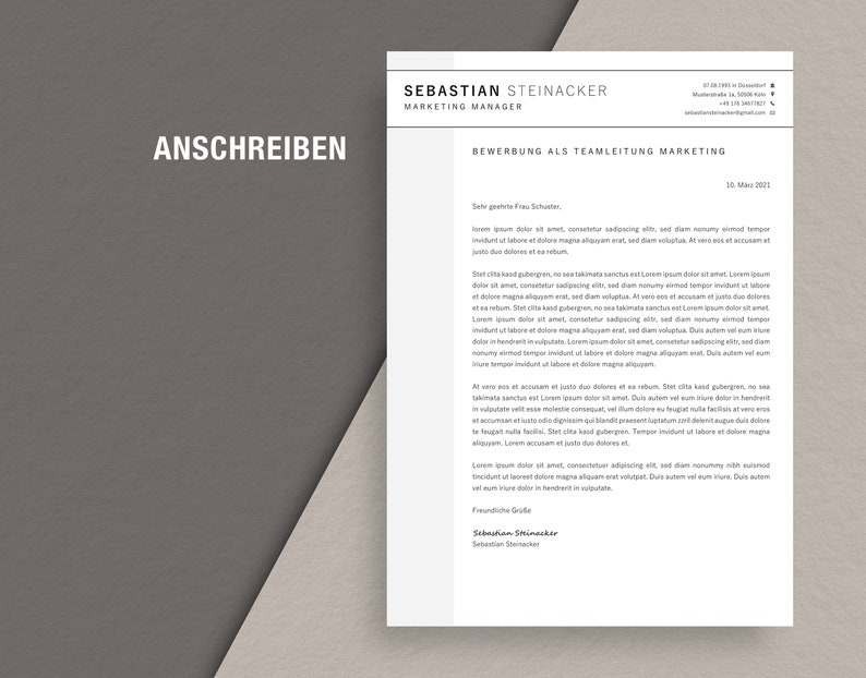 May include: A professional resume template with the name "Sebastian Steinacker" at the top, and the title "Marketing Manager". The text "BEWERBUNG ALS TEAMLEITUNG MARKETING" is also visible. The word "ANSCHREIBEN" is in the upper left corner.