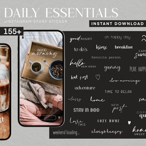 Könnte beinhalten: Eine Sammlung von über 155 Instagram-Story-Stickern mit Sätzen wie "Gute Nacht", "To Dos", "Hallo neue Woche", "Aber zuerst", "Abenteuer", "Im Bett bleiben", "Liebe das", "Wochenende lädt", "Oh, glücklicher Tag", "Zuhause", "Frühstück", "Fauler Sonntag", "Lieblingsmensch", "Lecker", "Reines Glück", "Langsame Morgen", "Zeit zum Entspannen", "Lächeln", "Neuer Beitrag", "Gemütliches Zuhause", "Immer hungrig", "Kaffee-Königin", "Zuhause, süßes Zuhause".
