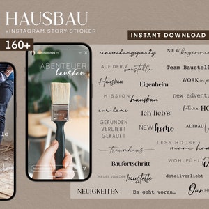 Könnte beinhalten: Ein Set mit über 160 Instagram-Story-Stickern zum Thema Hausbau und Renovierung. Die Sticker zeigen Sätze auf Deutsch und Englisch, wie "new beginnings", "Team Baustelle", "future home" und "our home".