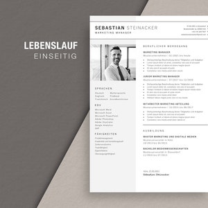 May include: A professional resume template with a headshot, contact information, and sections for work experience, education, and skills. The resume is in black and white with the text "LEBENSLAUF EINSEITIG" at the top.