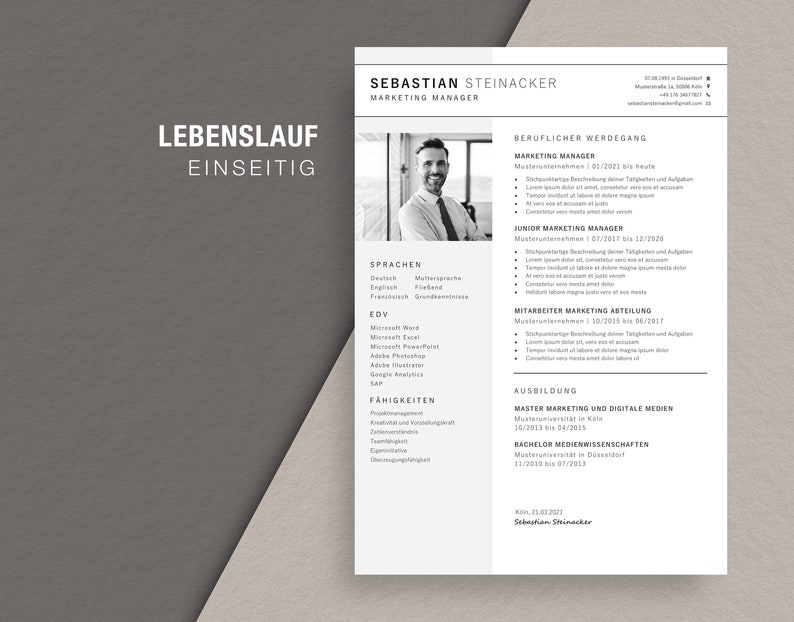 May include: A professional resume template with a headshot, contact information, and sections for work experience, education, and skills. The resume is in black and white with the text "LEBENSLAUF EINSEITIG" at the top.