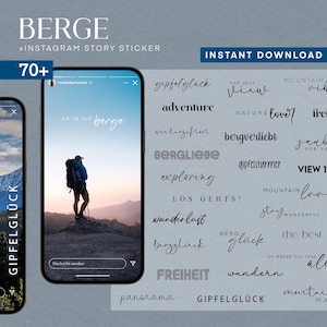 May include: A set of 70+ digital stickers for Instagram stories featuring mountain-themed phrases in German and English. The stickers are in black text on a white background. Some of the phrases include "gipfelglück", "bergliebe", "adventure", "the best view", "mountain vibes", "freedom", and "wanderlust".