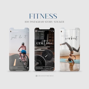 Può includere: Tre modelli di storie Instagram per contenuti di fitness. Il primo modello presenta una donna che va in bicicletta su una strada con il testo "just do it". Il secondo modello presenta un bilanciere con pesi e il testo "GYM time". Il terzo modello presenta una donna che fa una posa di yoga con il testo "HOME workout".