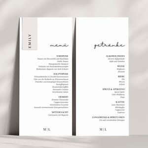 Canva Menü Vorlage Hochzeit – Personalisierte Menükarte Getränkekarte mit Namensschild zum Download Hochzeitspapeterie DIY Minimal Elegant