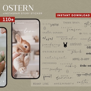 Könnte beinhalten: Eine digitale Illustration von über 110 Stickern zum Thema Ostern für Instagram-Storys. Die Sticker zeigen Hasen, Eier und Text in deutscher Sprache, wie "Osterzauber" und "Osterfest".