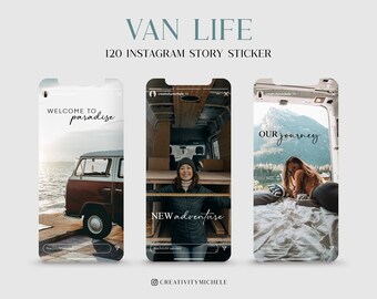 May include: Three Instagram story templates with a van life theme. The first template features a vintage van parked on a beach with the text "Welcome to paradise". The second template shows a woman inside a van with the text "New adventure". The third template shows a woman lying on a bed in a van with the text "Our journey".