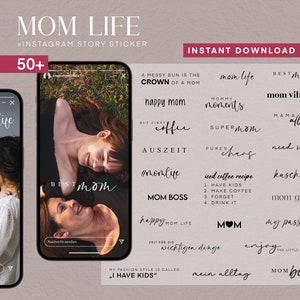 Könnte beinhalten: Ein Set mit über 50 Instagram-Story-Stickern mit Texten rund um das Muttersein, wie "mom life", "happy mom", "mom vibes", "super mom", "mom boss" und "my passion".