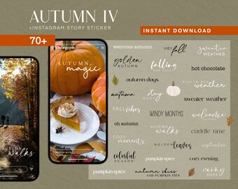 May include: A set of 70+ digital stickers for Instagram stories featuring autumn-themed phrases and illustrations. The stickers include phrases like "autumn magic", "golden autumn", "fall vibes", "pumpkin spice", and "cozy moments". The stickers are in a variety of colors, including orange, brown, yellow, and white.