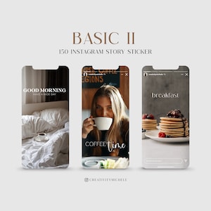 Könnte beinhalten: Drei Instagram-Story-Vorlagen mit weißem Hintergrund. Die erste Vorlage zeigt ein weißes Bett mit einer Tasse Kaffee darauf und den Text "GOOD MORNING HAVE A NICE DAY". Die zweite Vorlage zeigt eine Frau, die eine Tasse Kaffee hält, und den Text "COFFEE time". Die dritte Vorlage zeigt einen Teller Pfannkuchen mit Beeren und den Text "breakfast".