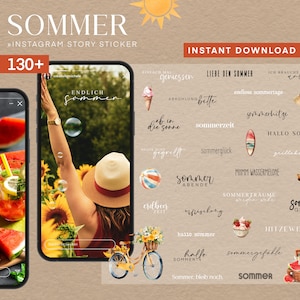 Pode incluir: Um conjunto gráfico digital para download para histórias do Instagram. A imagem apresenta a palavra "SOMMER" e inclui mais de 130 adesivos com texto e ilustrações com tema de verão, como sorvetes e bicicletas.