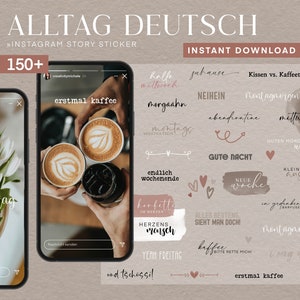 Könnte beinhalten: Ein Set mit über 150 digitalen Stickern für Instagram-Storys mit deutschen Wörtern und Sätzen. Die Sticker sind im minimalistischen Stil gehalten und in einem rosa-braunen Farbschema gehalten. Einige der Sätze sind "erstmal kaffee", "guten morgen", "neue woche" und "abendroutine".