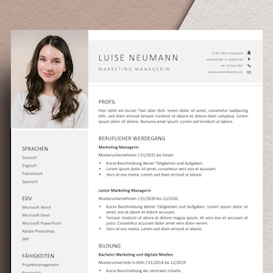 Könnte beinhalten: Ein professionelles Lebenslauf-Template mit einem Foto einer Frau, betitelt "LUISE NEUMANN, MARKETING MANAGERIN." Der Lebenslauf enthält Abschnitte für Sprachen, Fähigkeiten, Berufserfahrung und Ausbildung. Das Design ist minimalistisch mit einem hellgrauen und weißen Farbschema.