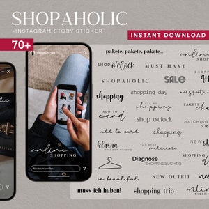 以下が含まれることがあります： ショッピングに関連するテキストを含む、70種類以上のInstagramストーリー用ステッカーのセットです。「Shop o'clock」、「Must Have」、「Sale」、「Shopping Queen」、「Shopping Day」、「Add to Card」、「Klarna」、「New Outfit」、「Shopping Trip」などのフレーズが含まれています。
