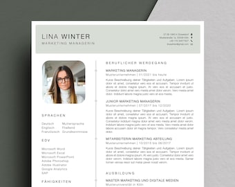 May include: A resume for Lina Winter, a Marketing Manager. The resume lists her work experience, education, and skills. It includes positions such as Marketing Manager, Junior Marketing Manager, and Marketing Team Member. The resume also lists her language skills, including German, English, and French.