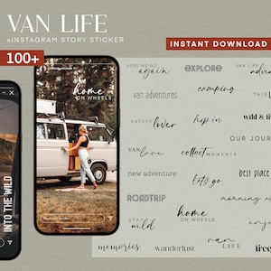 May include: A set of 100+ Instagram story stickers with text related to van life, adventure, and travel. The stickers are in black text on a white background. The text includes phrases like "home on wheels", "explore", "adventure", "wild & free", "best place to be", and "freedom".
