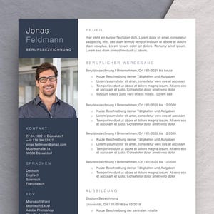 May include: A professional resume template featuring a photograph of a smiling person wearing glasses. The resume includes sections for contact details, languages, and skills. The text is in German, with sections for work history and education.