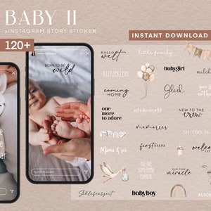 Può includere: Un set di oltre 120 adesivi digitali per le storie di Instagram con illustrazioni e testo a tema baby. Gli adesivi sono in una palette di colori neutri beige, marrone e bianco. Alcune delle scritte includono "Born to be wild", "Hallo Welt", "Klitzeklein", "Coming Home", "One More to Adore", "Mama & Ich", "Whole World", "Memories", "First Steps", "New to the Crew", "So This is Love", "Welcome Little One", "You are Something Magical", "Our Tiny Miracle", "Schlafenszeit", "Babyboy", and "Kuschelzeit".