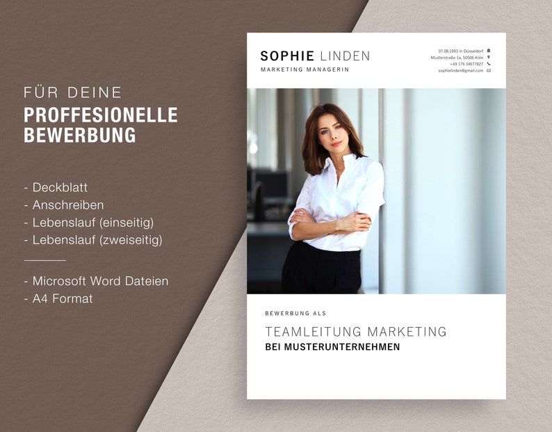 K&ouml;nnte beinhalten: Eine wei&szlig;e und graue Lebenslaufvorlage mit dem Text "F&Uuml;R DEINE PROFFESIONELLE BEWERBUNG" oben. Die Vorlage listet die f&uuml;r eine professionelle Bewerbung notwendigen Dokumente auf, darunter ein Anschreiben, Lebenslauf und Microsoft Word-Dateien. Die Vorlage enth&auml;lt auch den Text "BEWERBUNG ALS TEAMLEITUNG MARKETING BEI MUSTERUNTERNEHMEN".