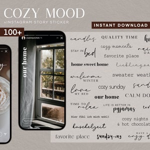Può includere: Un'illustrazione digitale di uno schermo di telefono con una collezione di oltre 100 adesivi per storie di Instagram che presentano frasi accoglienti e rilassanti come "restare a letto", "momenti accoglienti", "casa dolce casa", "tempo di maglione", "domenica accogliente", "calmati", "la nostra casa", "serate accoglienti" e "avere una giornata accogliente".