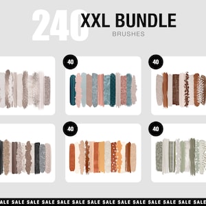 Könnte beinhalten: Ein Set mit 240 digitalen Pinseln, aufgeteilt in sechs Gruppen mit jeweils 40 Pinseln. Die Pinsel sind in verschiedenen Farben und Texturen, darunter Braun, Grau, Teal und Orange. Der Text "240 XXL BUNDLE BRUSHES" befindet sich oben im Bild.